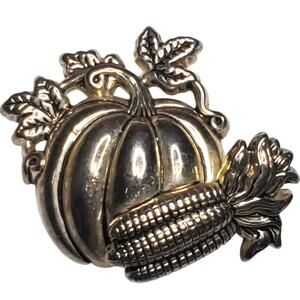 Best Pumpkin Harvest Thanksgiving Silver Tone Signed 1.5" Brooch Pendant Pin